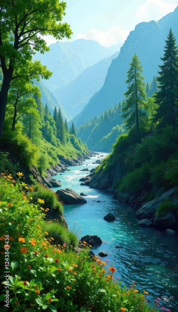 A lush green valley with towering trees and a sparkling river flowing through it, river, plants A lush green valley with towering trees and a sparkling river flowing through it, river, plants