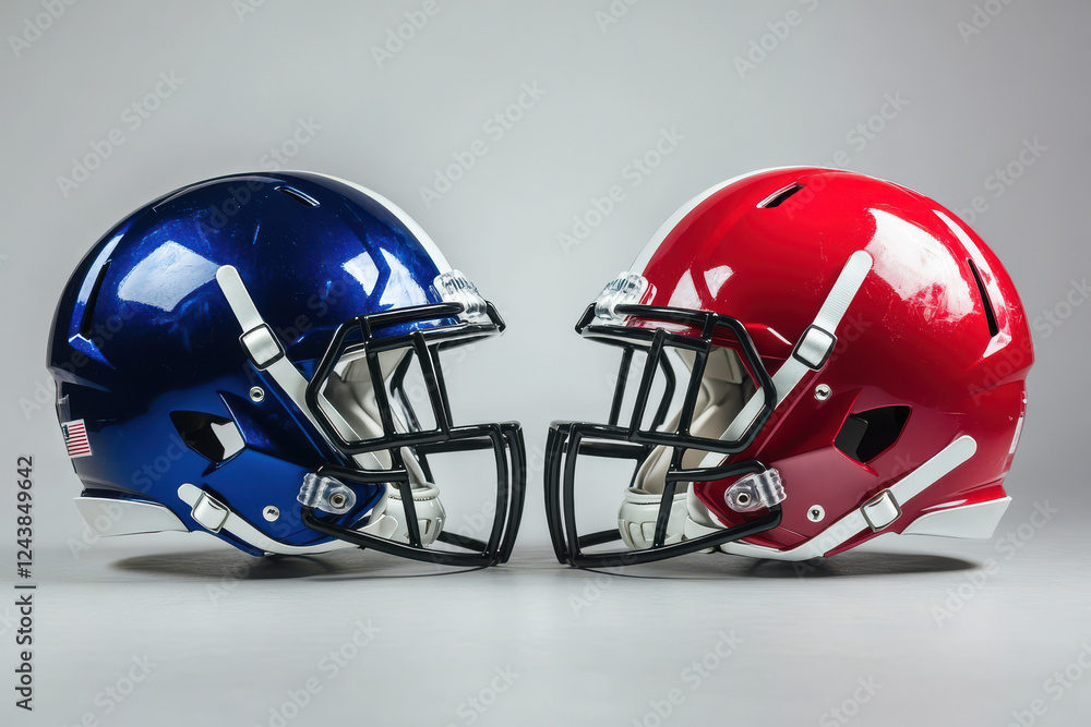 Fototapeta premium Two American football helmets face to face in a dramatic standoff against plain background