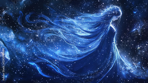 A cosmic goddess surrounded by stars, galaxies, and nebulae, with flowing hair made of stardust, in a celestial fantasy style, realistic photo