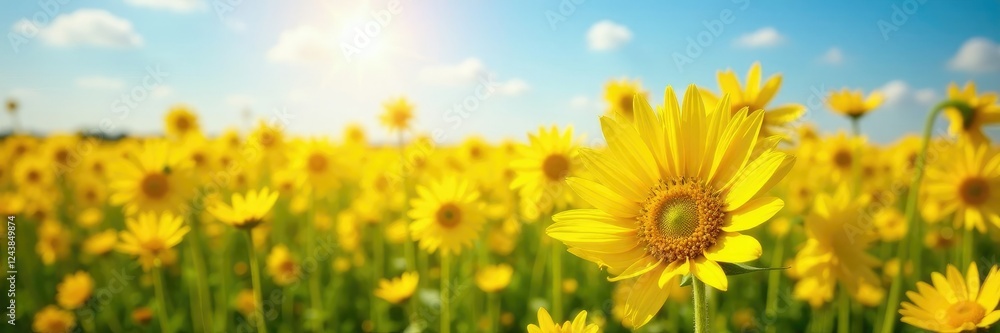 Fototapeta premium A sea of bright yellow flowers in a sunny field, sun, sunnyfield
