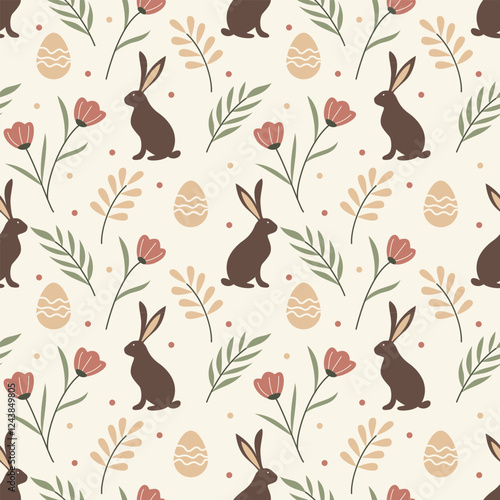 Easter seamless pattern with bunnies, flowers, easter eggs, beautiful background. Textiles, wallpapers. 