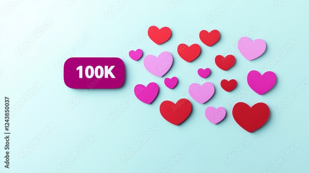 100K Follower Celebration with Red and Pink Hearts, Social Media Growth Concept, Minimalist Style 100K Follower Celebration with Red and Pink Hearts, Social Media Growth Concept, Minimalist Style