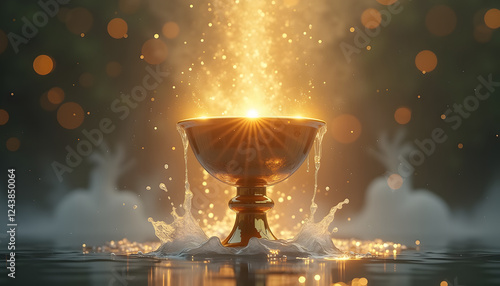 Golden cup overflowing with water surrounded by sparkling light in a mystical atmosphere