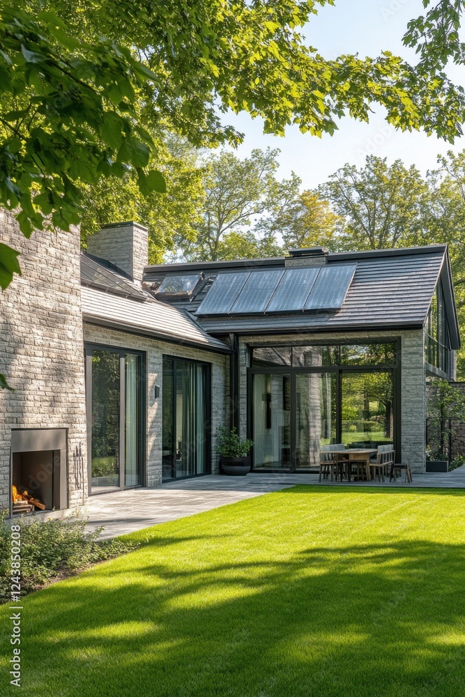This contemporary home boasts large glass windows that allow natural light to flood the interior, surrounded by a vibrant green lawn on a sunny day in a peaceful, picturesque environment This contemporary home boasts large glass windows that allow natural light to flood the interior, surrounded by a vibrant green lawn on a sunny day in a peaceful, picturesque environment