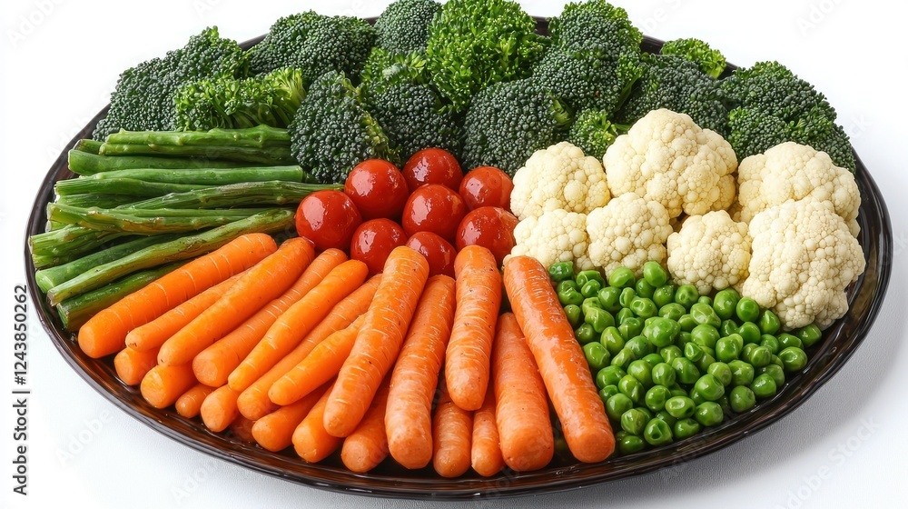 Colorful vegetable platter on dark plate against white background Colorful vegetable platter on dark plate against white background