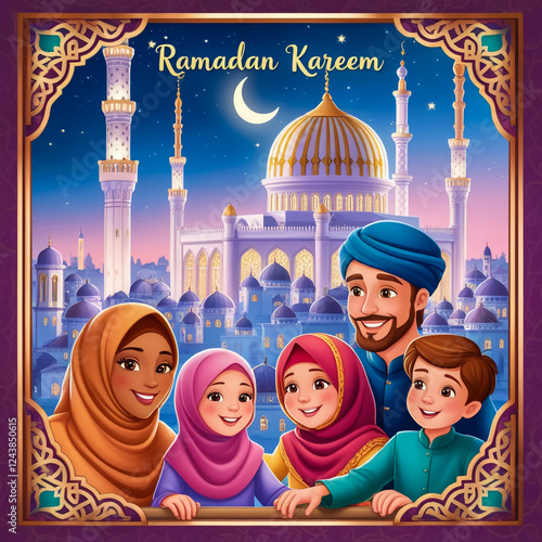 Happy family celebrate for eid mubarak with mosque background
