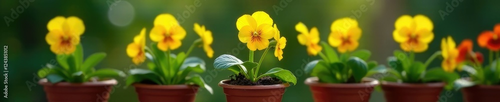 Fototapeta premium Colorful yellow pansy flower in a small garden pot, greenery, pots