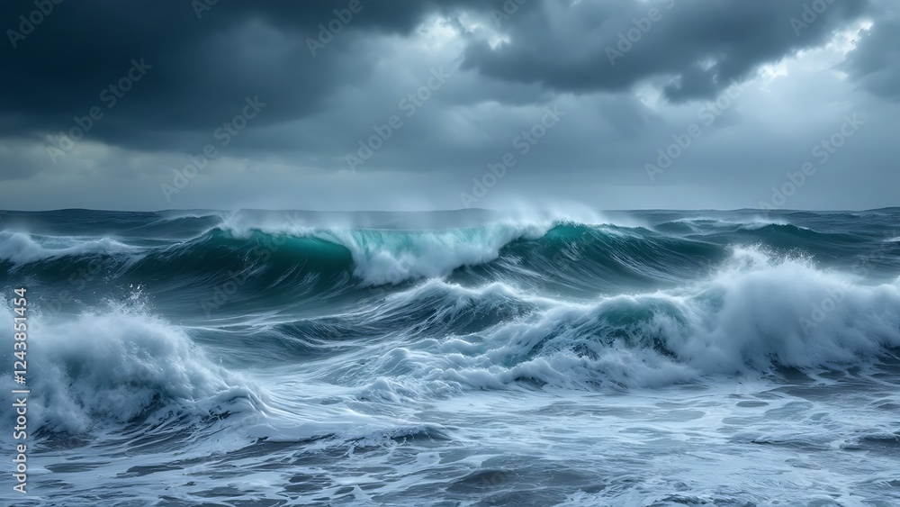 Fototapeta premium Close-up view of turbulent big wave in a stormy sea under a cloudy sky.