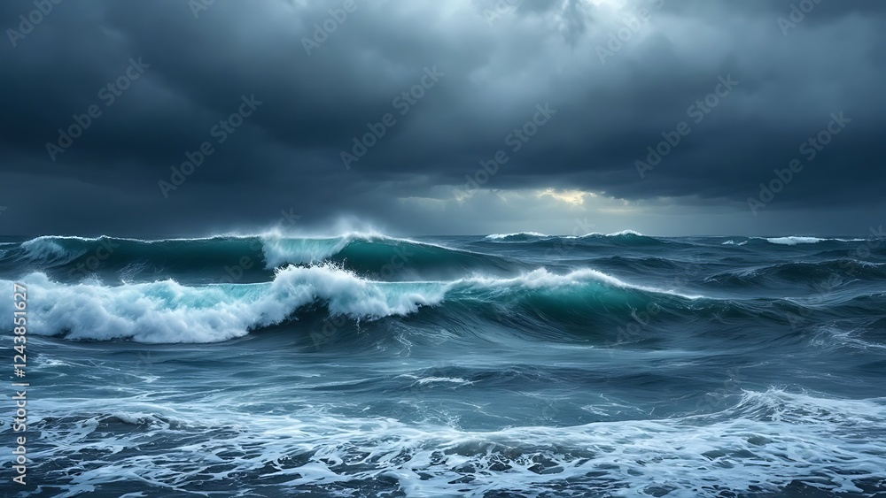 Fototapeta premium Close-up view of turbulent big wave in a stormy sea under a cloudy sky.