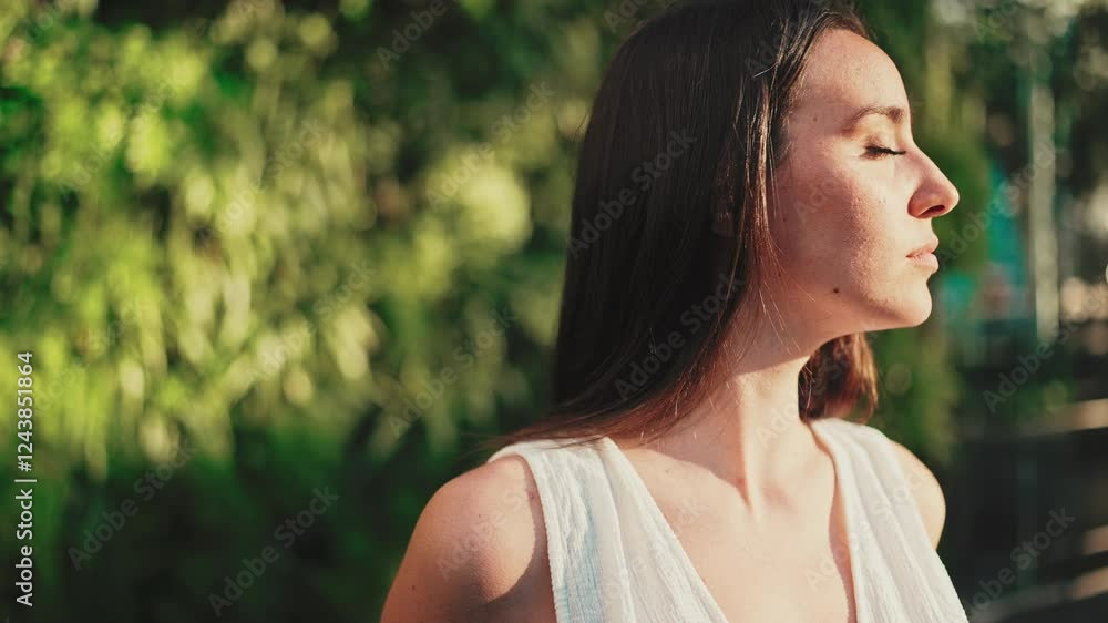 Young woman with freckles and dark loose hair wearing white top and jeans looks around. Beautiful girl with long eyelashes looks around and turns her head to the camera Young woman with freckles and dark loose hair wearing white top and jeans looks around. Beautiful girl with long eyelashes looks around and turns her head to the camera