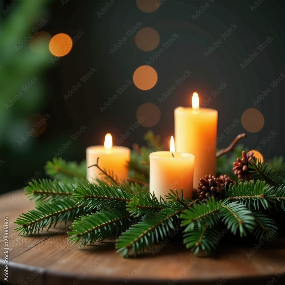 Fir branch arrangement with candles on wooden table, candles, ambiance Fir branch arrangement with candles on wooden table, candles, ambiance