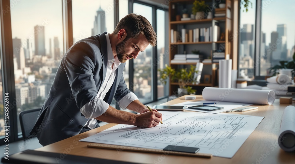 Obraz premium Man Reviewing Architectural Blueprints in Office