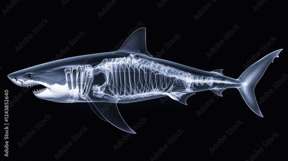 XRay image of a great white shark against a black background, showcasing detailed bone structure and internal organs. XRay image of a great white shark against a black background, showcasing detailed bone structure and internal organs.