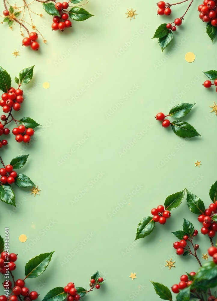 Winter berries and holly leaves on a light green background with golden accents , festive, holly leaves, wreath Winter berries and holly leaves on a light green background with golden accents , festive, holly leaves, wreath