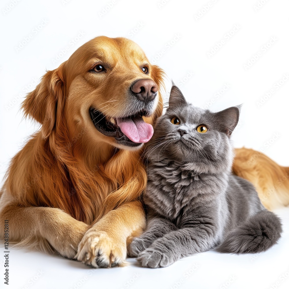 Fototapeta premium Playful Golden Retriever and Charming Gray Cat Snuggling Together on a Light Background