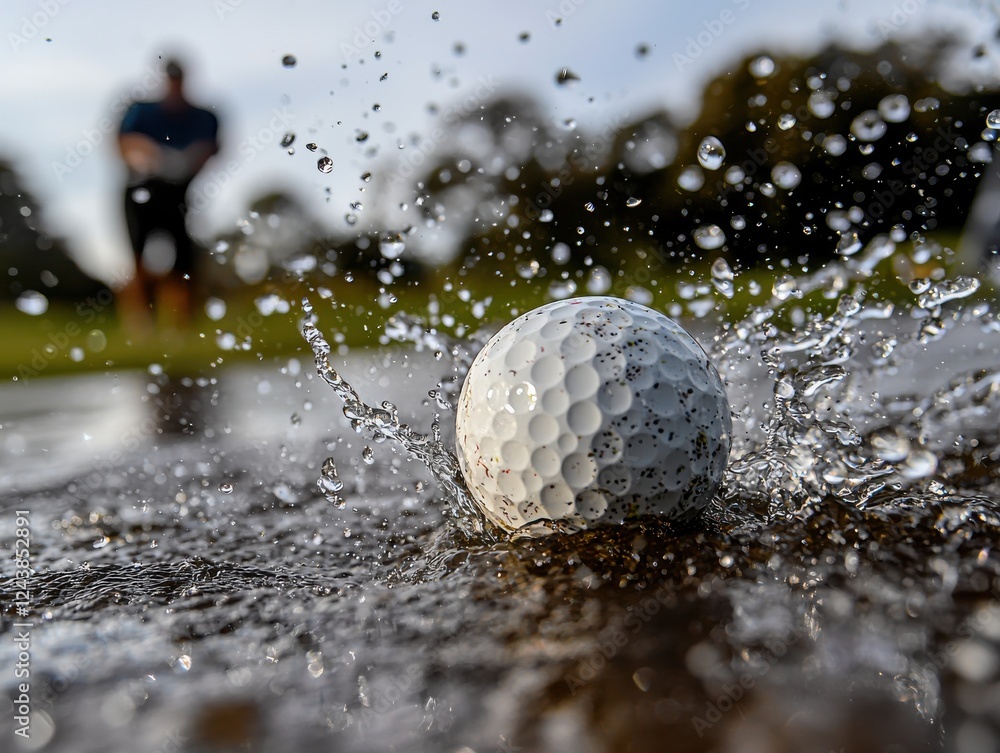 Golf ball splashes through water on the course during play. Golf ball splashes through water on the course during play.