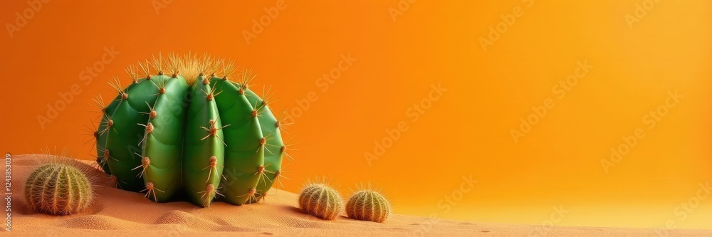 Large green spiky cactus with long stems on orange sandy ground, orange, largeplant, sand Large green spiky cactus with long stems on orange sandy ground, orange, largeplant, sand