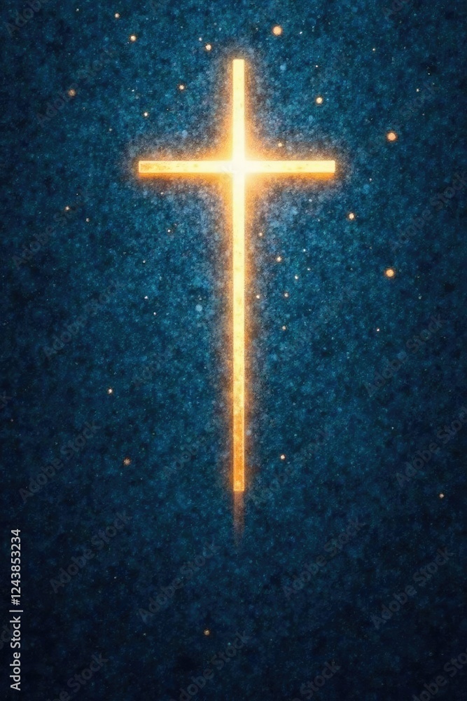 Light beam shining through a cross on a dark blue textured background, dreamy, texture