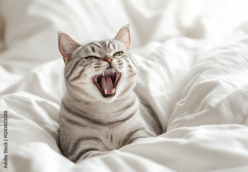 Playful Gray Cat Yawning Comfortably on Soft White Bedding in Bright Room Light Captured in a Cozy Indoor Setting for Cat Lovers and Pet Enthusiasts Playful Gray Cat Yawning Comfortably on Soft White Bedding in Bright Room Light Captured in a Cozy Indoor Setting for Cat Lovers and Pet Enthusiasts