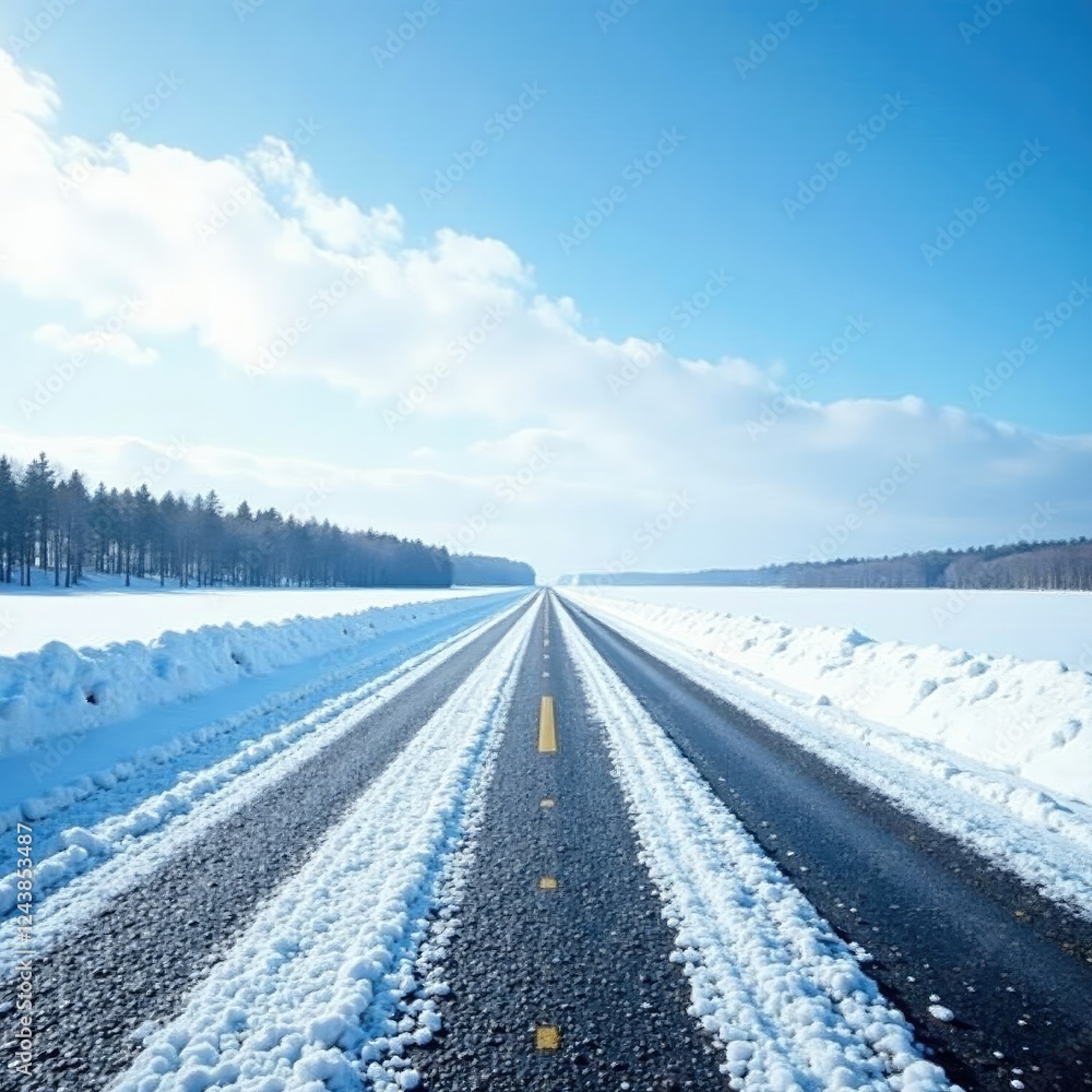 Long stretch of snowy road under a clear blue sky, cold, cloudy, whiteout Long stretch of snowy road under a clear blue sky, cold, cloudy, whiteout