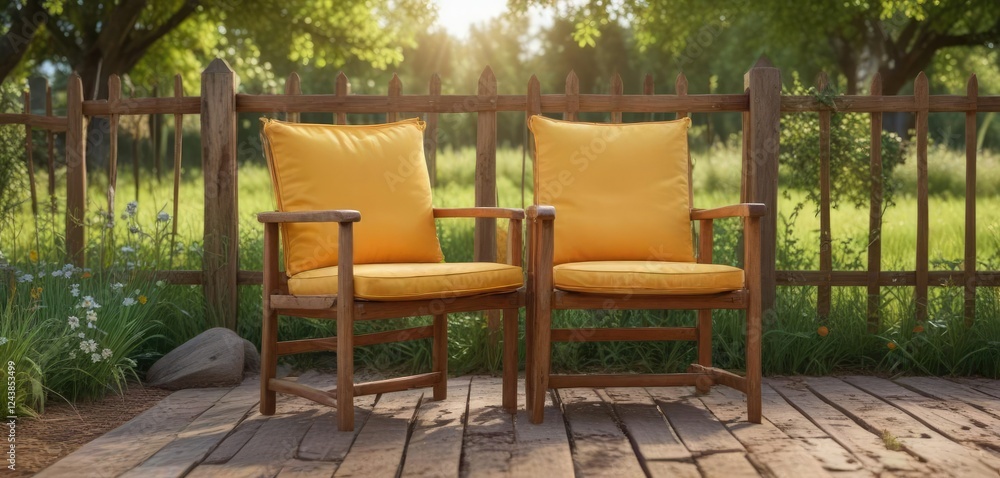 Wooden armchair placed in front of a wooden fence on a peaceful orchard, greenery, flowers, wooden fence Wooden armchair placed in front of a wooden fence on a peaceful orchard, greenery, flowers, wooden fence