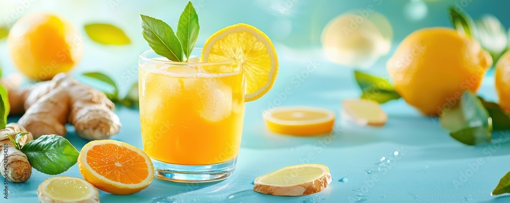 Fresh orange juice with ginger and garnished with mint leaves. Fresh orange juice with ginger and garnished with mint leaves.
