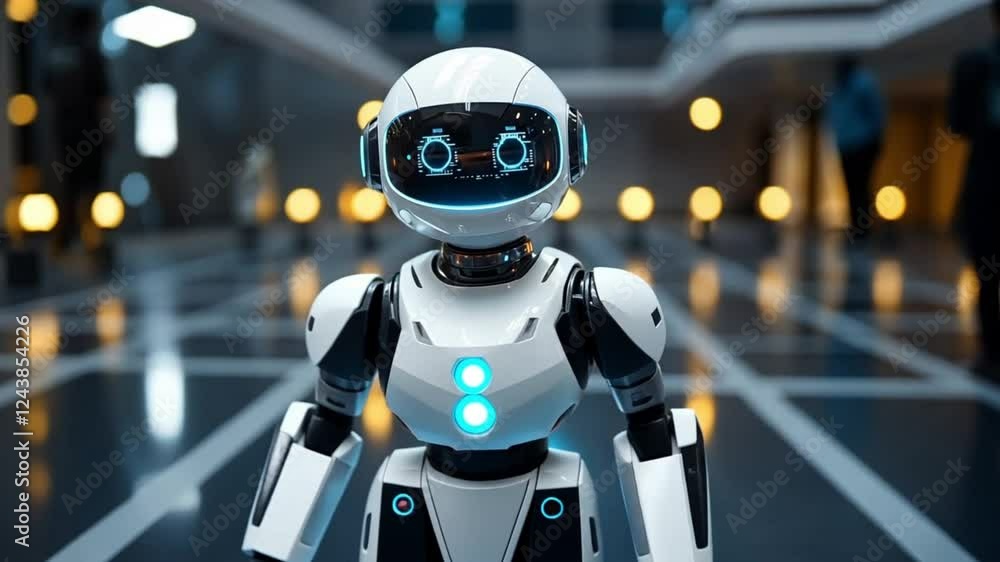 Futuristic White Robot in Modern Setting Futuristic White Robot in Modern Setting