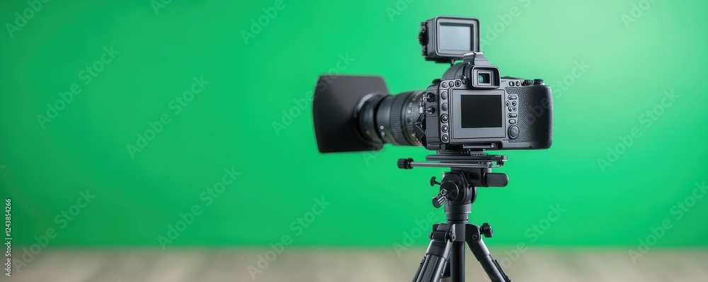Professional camera setup with green screen background. Professional camera setup with green screen background.