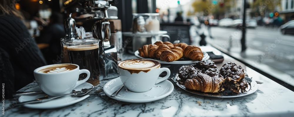 Delicious pastries and coffee displayed on a cafe table. Delicious pastries and coffee displayed on a cafe table.