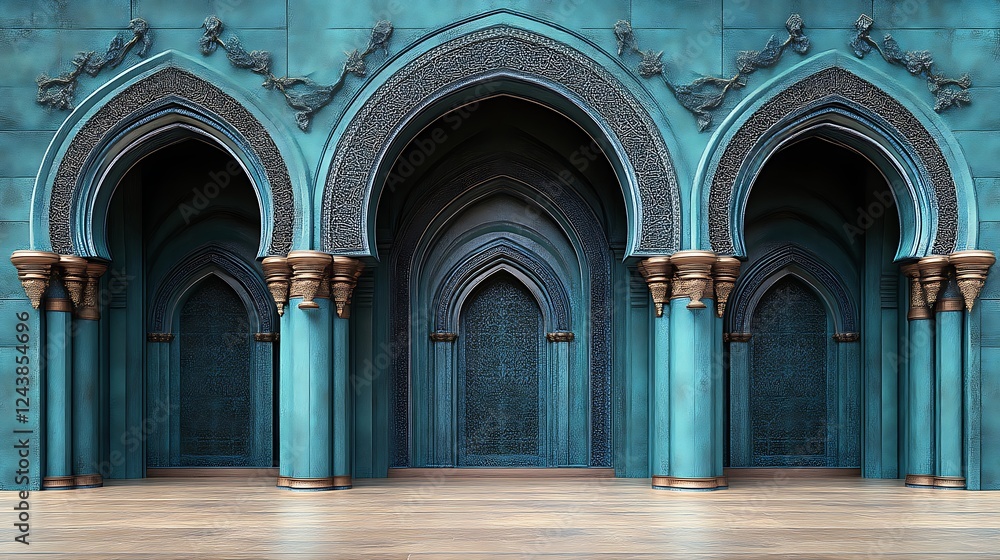 Naklejka premium Teal Archway Entrance with Ornate Columns and Doors