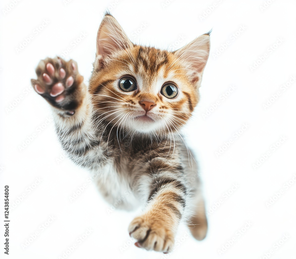Fototapeta premium Playful kitten leaps through the air with an adorable expression, showcasing its fluffy fur and vibrant colors on a clean white background