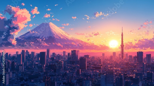 A stunning Tokyo cityscape depicted in a vibrant anime-style illustration, perfect as a wallpaper background.