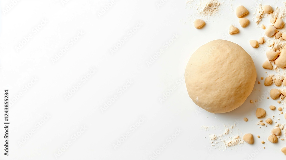 Fresh Dough Ball Surrounded by Flour and Baking Ingredients on Table Fresh Dough Ball Surrounded by Flour and Baking Ingredients on Table