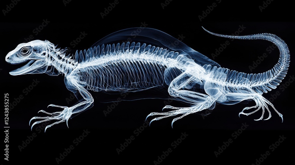 Fototapeta premium X Ray Image of a Lizard Skeletal Structure. Shows intricate bone detail against a black background. High contrast image.