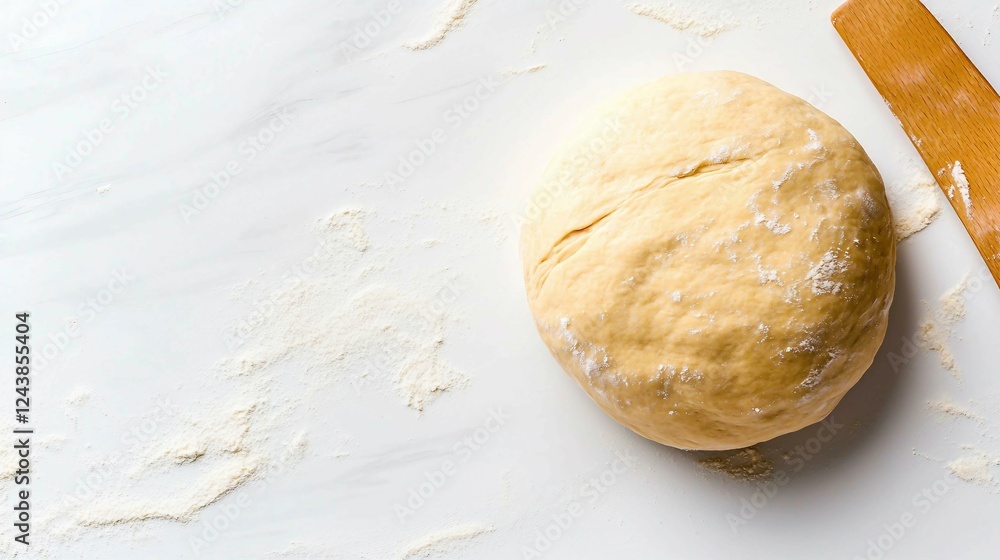Freshly Made Dough on a White Surface with a Wooden Rolling Pin Freshly Made Dough on a White Surface with a Wooden Rolling Pin