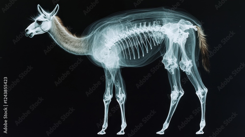 X Ray image of a Guanaco showcasing its skeletal structure against a dark background. Detailed view of bones, tendons, and ligaments. X Ray image of a Guanaco showcasing its skeletal structure against a dark background. Detailed view of bones, tendons, and ligaments.