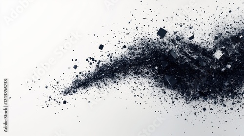 Dark cubes swirling, white background, abstract design, data visualization