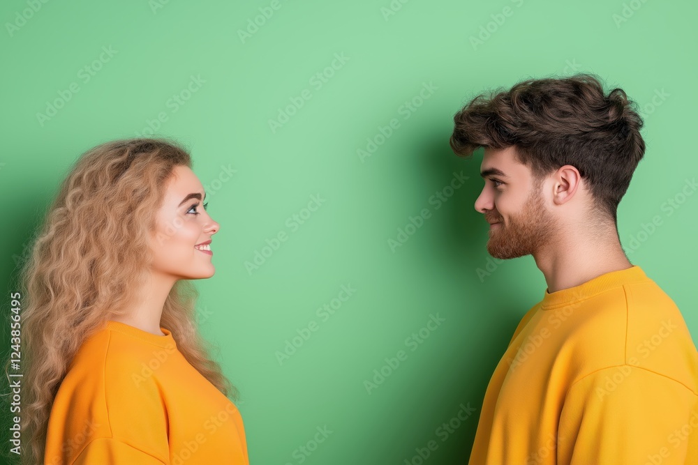 Joyful woman and smiling man in full growth showcasing happy emotions on clean studio background Joyful woman and smiling man in full growth showcasing happy emotions on clean studio background