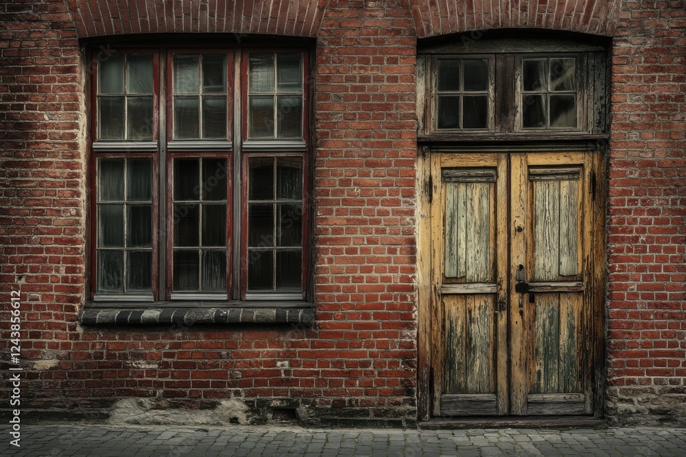 Obraz premium In an urban neighborhood, a weathered brick wall features a rustic wooden door and aged windows, all exuding a charming and nostalgic appeal