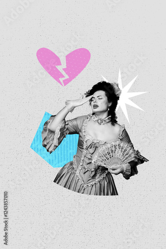 3D photo collage template trend artwork of marie antoinette royal court fashion hold air fan broken heart dramatic young lady stand upset