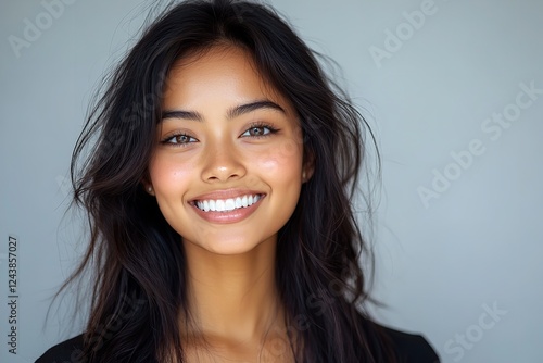 A close-up portrait of a stunning young Asian Indian woman with a radiant smile and flawless teeth, perfect for a dental advertisement. Isolated on a white background.