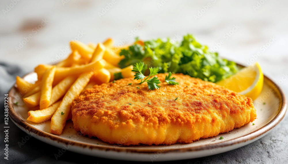 Crispy Breaded Chicken Schnitzel with Fries and Salad Crispy Breaded Chicken Schnitzel with Fries and Salad