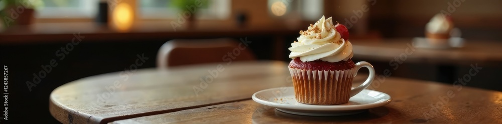 Cup of coffee and a delicious cupcake on a rustic wooden table in a cozy cafe, warm lighting, coffee Cup of coffee and a delicious cupcake on a rustic wooden table in a cozy cafe, warm lighting, coffee
