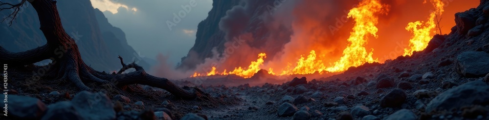 Fototapeta premium Flames rising from a ravaged, blackened landscape with twisted, glowing tree branches and jagged rock formations in the background, turbulent, flames