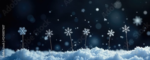 Four delicate snowflakes gently falling on a dark canvas, serene, winter, black background