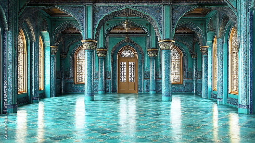 Fototapeta premium An Elegant Teal Hallway With Ornate Columns and Windows
