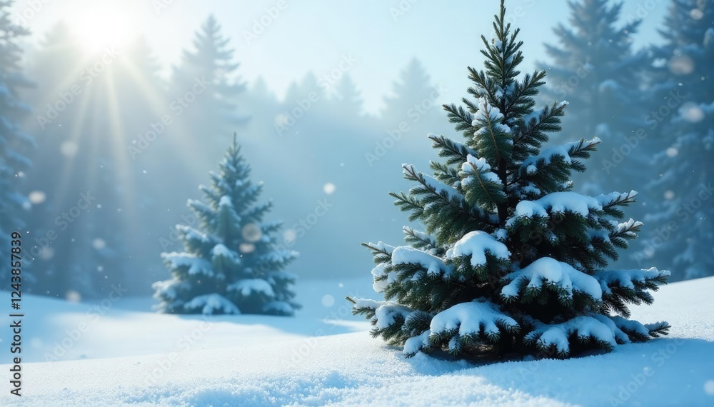 Fototapeta premium Fresh snowflakes fall gently around a towering evergreen tree, nature, snowy field, winter