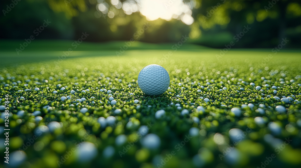 Golf ball resting on a pristine green in the early morning light surrounded by dew droplets. Generative AI Golf ball resting on a pristine green in the early morning light surrounded by dew droplets. Generative AI