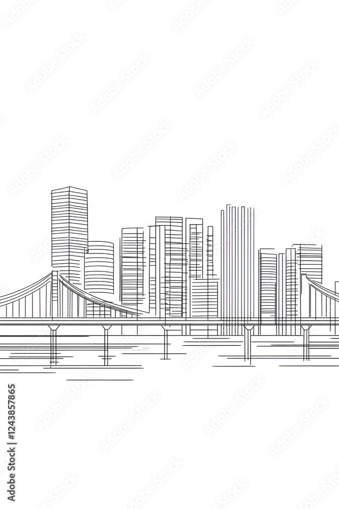 Fototapeta premium Minimalistic line art of a city skyline with a bridge over a river
