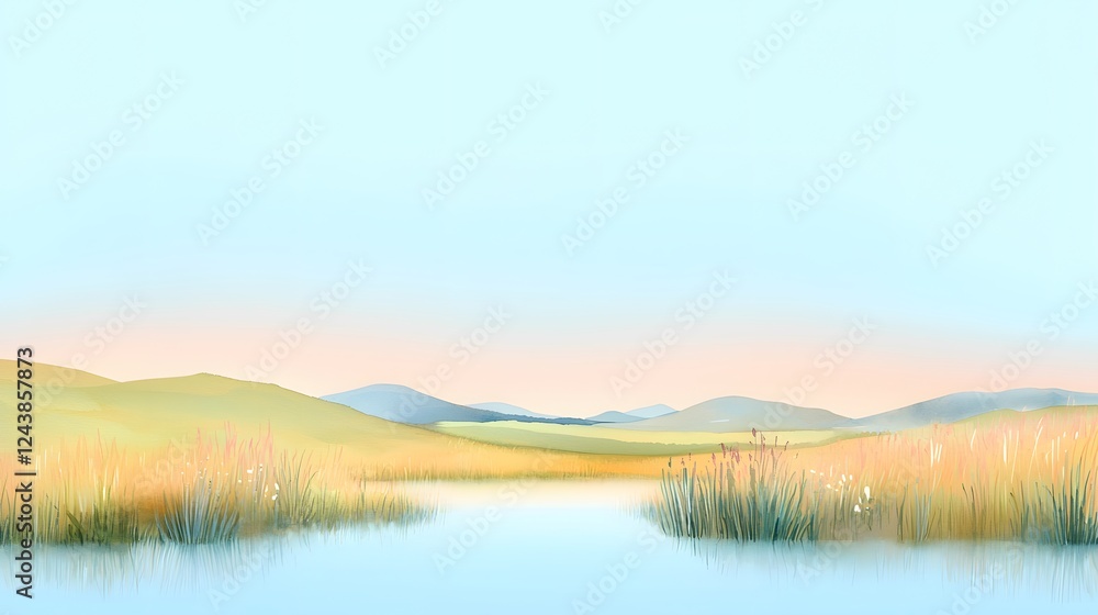 Fototapeta premium Serene Landscape with Tranquil Water and Gentle Distant Hills